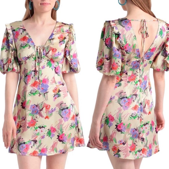 Topshop Floral Print Puff Sleeve Tie Front Satin Mini Dress - Picture 1 of 7